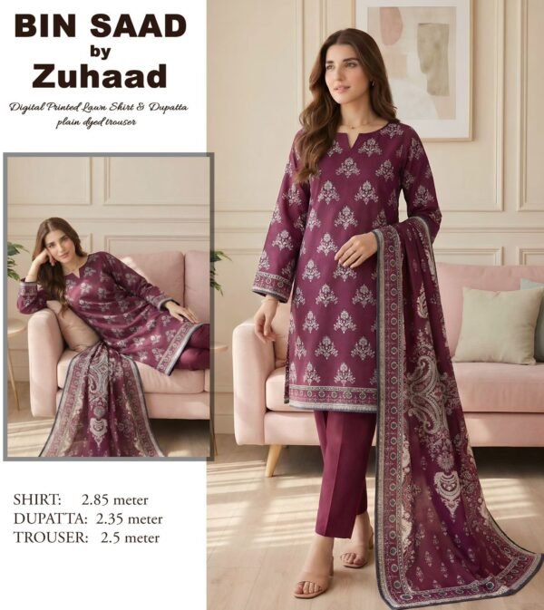 Bin Saad – Premium Unstitched 3PC Lawn Suit Design 15