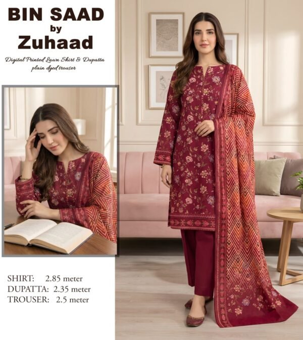 Bin Saad – Premium Unstitched 3PC Lawn Suit Design 12